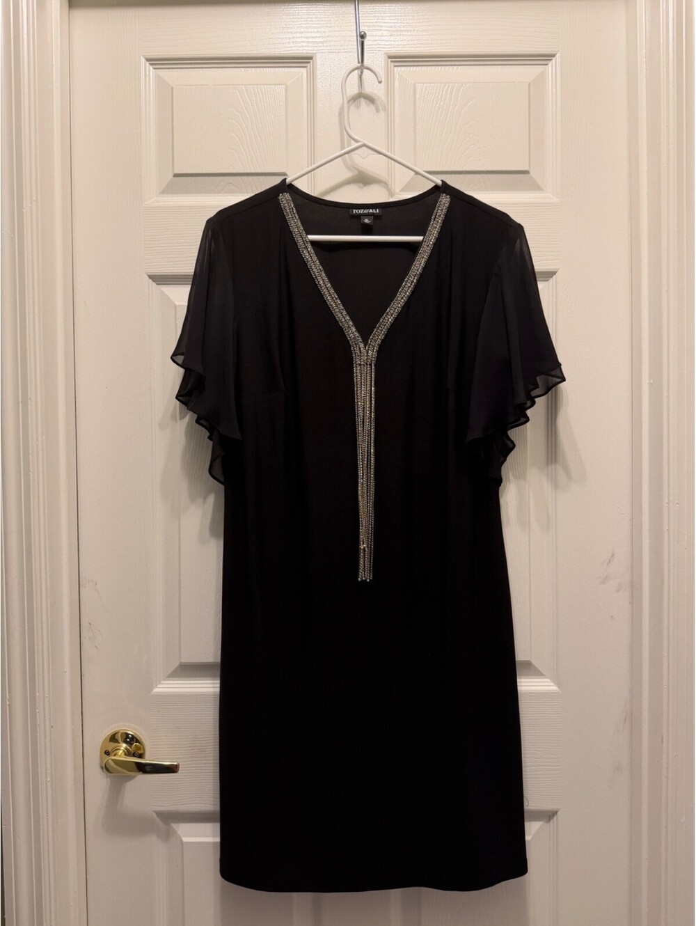 Roz & Ali Black Rhinestone Trim V Neck Flutter Sleeve Shift Dress XL